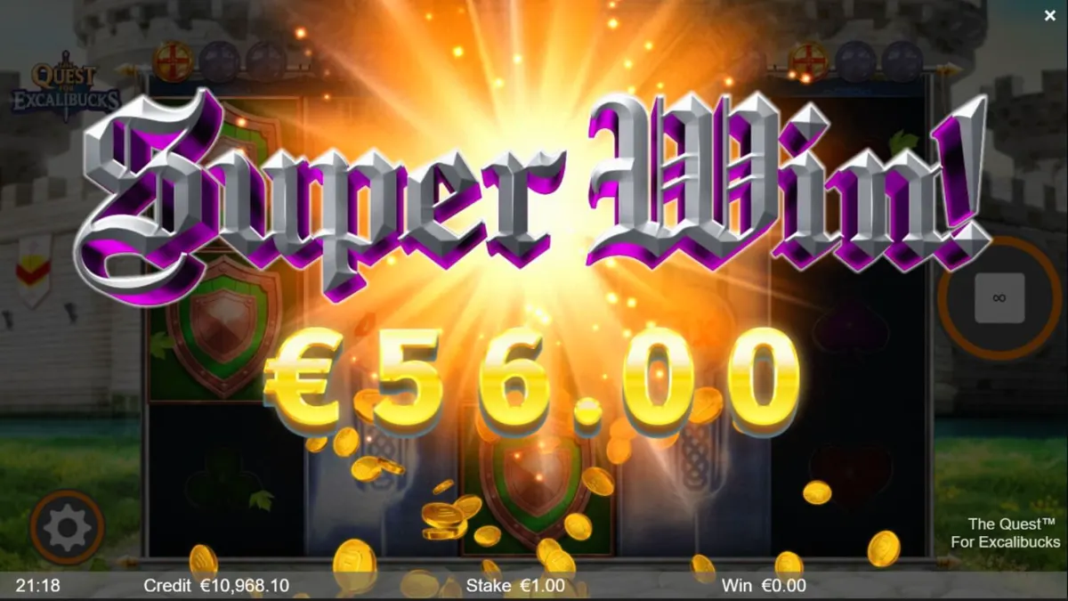 Visual vibrante e medieval do slot The Quest for Excalibucks com elementos de castelo e tesouros.