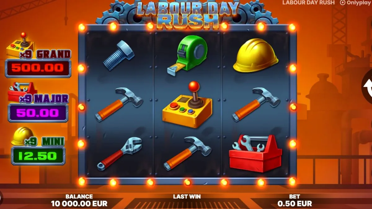 Interface industrial do slot Labour Day Rush com símbolos de ferramentas e engrenagens